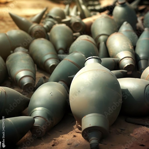 Close-Up Pile of Defused Combat Cluster Sub-munition Munitions Bombs Explosive Weapon Ground Launched / Dropped from Aircraft for Hitting Enemy Targets Dangerous Unexploded Ordnance, Smaller Explosive