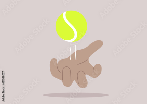 Hand throwing a yellow tennis ball, sport and recreation