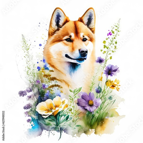 finnish spitz dog wild flowers water color on white background