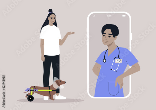Online vet consultation, medical checkup, a sausage dog with moving disability wearing a plastic cone collar, healing after injury