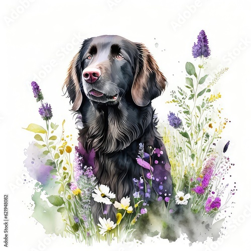 flat coated retriever dog wild flowers water color on white background