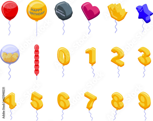 Birthday balloons icons set isometric vector. Event party. Number letter