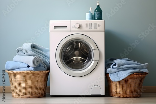 interior design, Washing machine, washing gel and laundry basket on white background created generative ai.