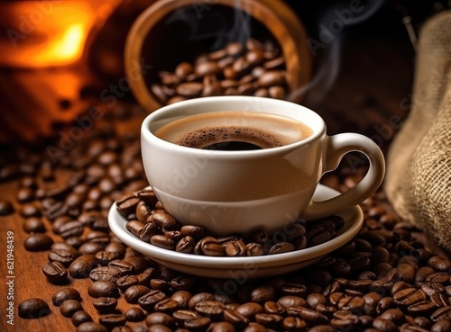 Coffee cup and coffee beans on table. Created with Generative AI technology.