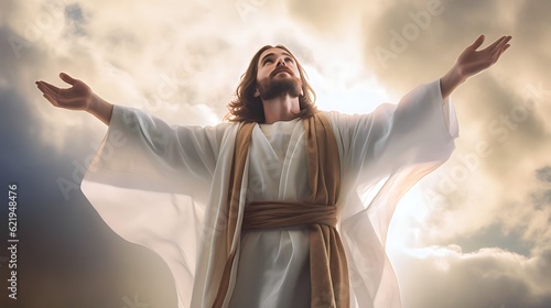 Jesus opening the skyes, receiving blessings from god photo