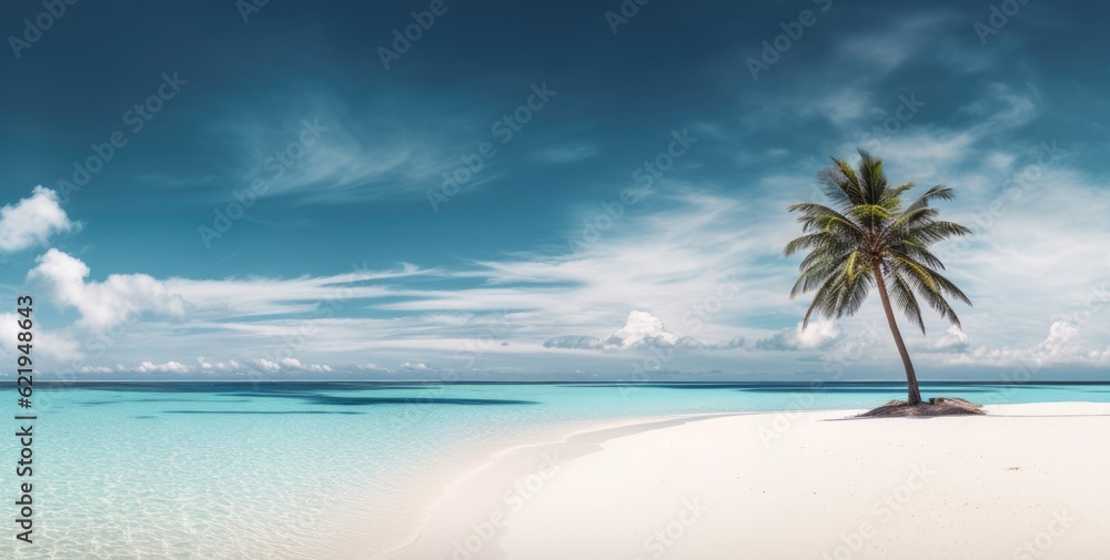 Chairs and umbrella at luxury palm beach. Tropical holiday banner with ocean or sea. Created with Generative AI technology.