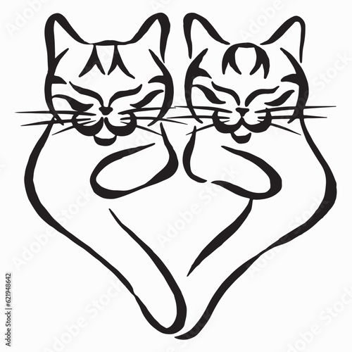 Two cats hugging black and white vector illustration isolated on white background. Hand-drawn silhouette drawing. Sketch logo. Linear drawing. Pet shop symbol. Calligraphy image. Tattoo design.