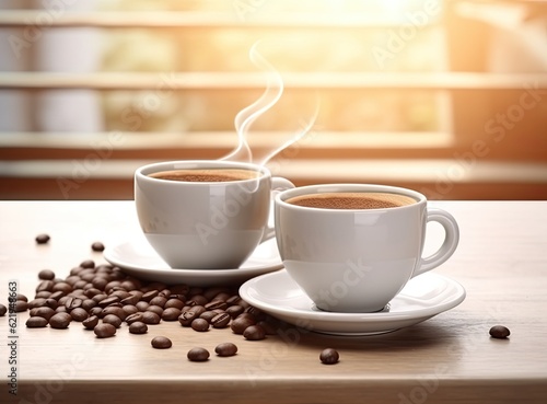 Cups of coffee and beans on blurred background. Created with Generative AI technology.