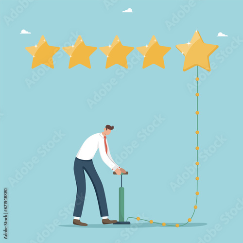 User satisfaction and experience, five star rating, product quality and service feedback, customer reviews or credit rating, evaluation rank and business reputation, man pumping fifth star rating.