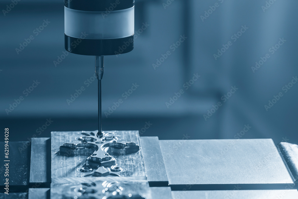 The CMM probe measuring the mold parts on machining center. The CMM probe measuring the mold parts on machining center.