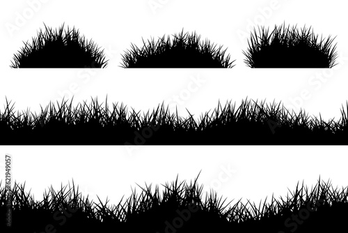 Black silhouette set grass seamless border and bunch. Vector