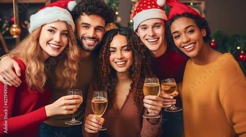diverse young men and women having new year party, wearing red santa hats holding drinks on studio background