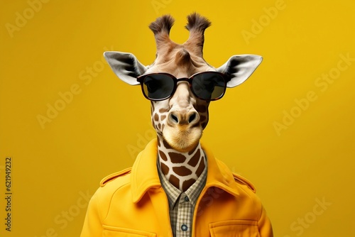 A playful giraffe wearing casual clothes, portraying a tall and whimsical animal with a sense of humor, Generative Ai