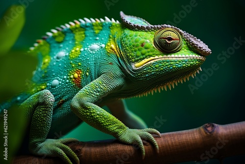 A close-up illustration of a vibrant green chameleon, Generative Ai
