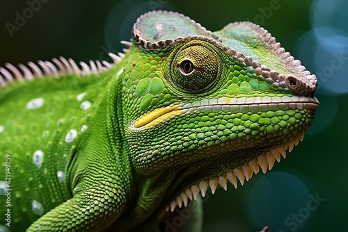A close-up illustration of a vibrant green chameleon, Generative Ai © Flowstudio