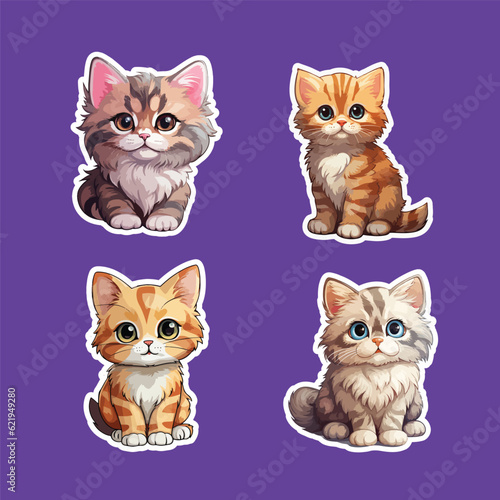 Cute baby Cat stickers collection illustration. Pet cartoon stickers set. Cute cartoon cats printable stickers funny illustrations for kids
