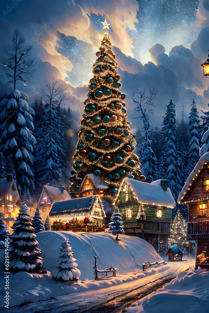 Christmas Village Card Illustration Christmas Village Card Illustration
