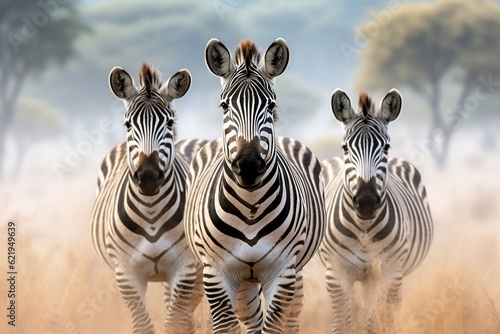 An illustration showcasing three zebras in the Serengeti National Park  Generative Ai