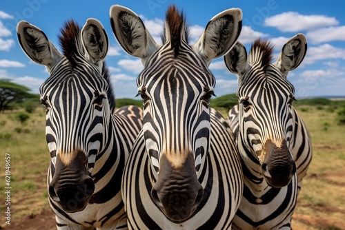 An illustration showcasing three zebras in the Serengeti National Park, Generative Ai