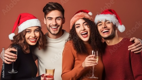 diverse young men and women having new year party, wearing red santa hats holding drinks on studio background