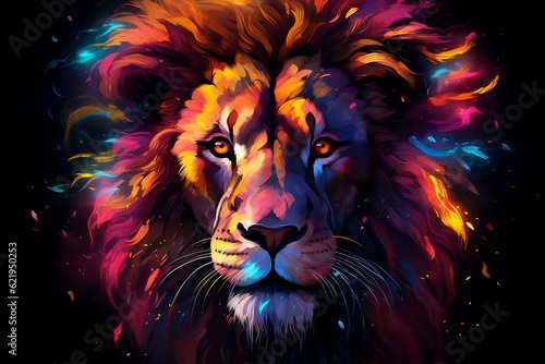 The majestic head of a lion showcased in a vibrant and multi-colored illustration, Generative Ai