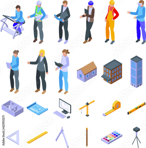 Architect icons set isometric vector. Plan interior. Project ruler