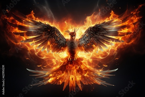 Print op canvas A mythical phoenix bird emerging from the flames, symbolizing rebirth and transf