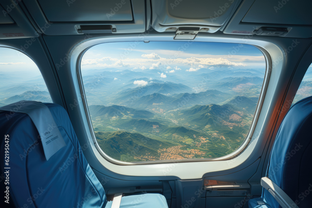 Above the Clouds. Views from the airplane window in the clouds. Aerial perspective and serene travel concept. AI Generative