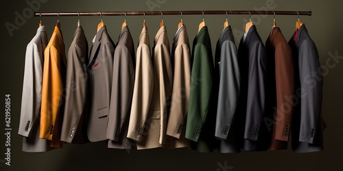 Clothes rack filled with mix of business suits, concept of Professional attire, created with Generative AI technology