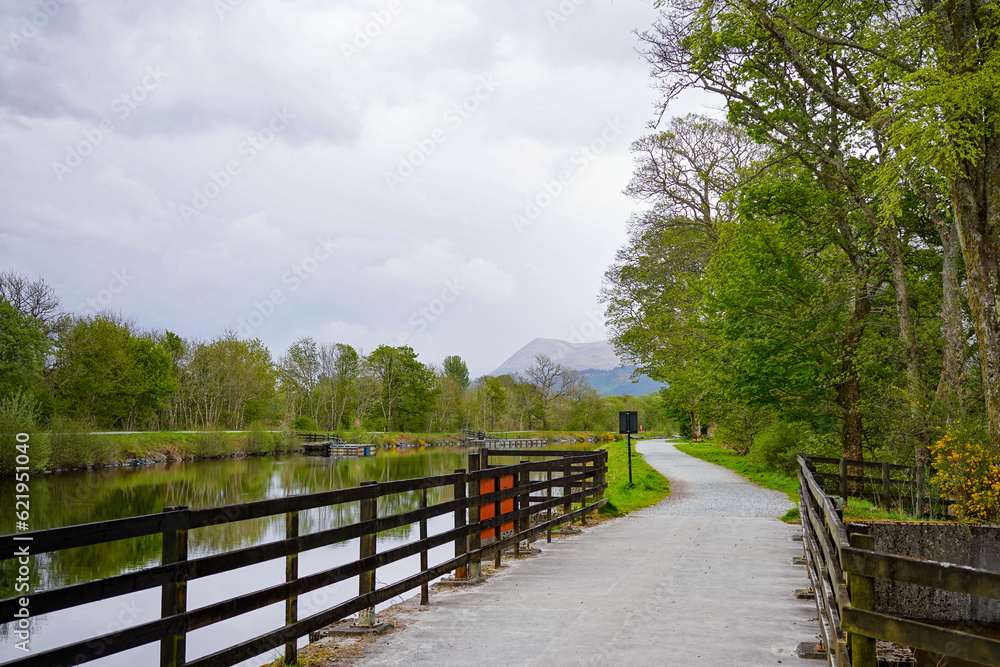 The Caledonian Canal and the Great Glen Way in Banavie in the Scottish highlands. It connects Inverness and Corpach.