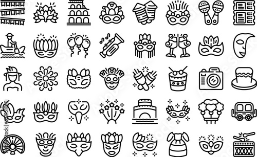 Carnival of Venice icons set outline vector. Mask costume. Hero man