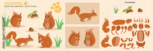 Red Squirrel ready to animate with multiple poses and angles. Cut woodland creatures rig ready, running, sitting, eating. Collection vector set character for animation 