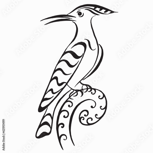 Bird vector illustration. A bird hoopoe on a branch. Stylised black and white ink illustration. Silhouette vector illustration. Linear drawing. Calligraphy image. Tattoo, logo design. 