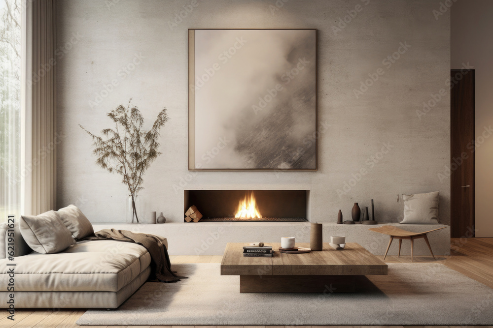 Modern living room interior with sofa and fireplace. Cozy lounge zone in house. Showcase with luxury design in real estate. Created with Generative AI Modern living room interior with sofa and fireplace. Cozy lounge zone in house. Showcase with luxury design in real estate. Created with Generative AI
