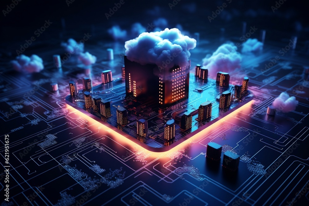 A conceptual illustration representing cloud networking, cryptocurrency, AI, firewall, and network security, Generative Ai