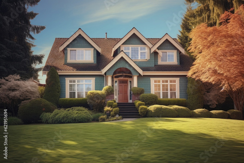 Traditional american house facade in suburb. Facade of old family house with lawn and backyard. Real estate and private property. Created with Generative AI