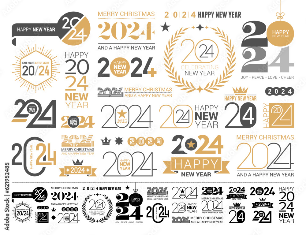 Big Set of 2024 number design template in Gold and Black Colors. 2024 Happy New Year Luxury Logo Text Designs. Collection of Christmas anf 2024 Happy New Year Concepts.