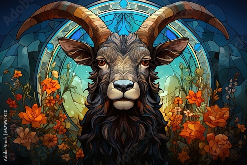 Goat in stained glass style painting illustration generative ai