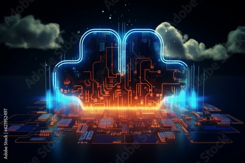 A conceptual illustration representing cloud networking, cryptocurrency, AI, firewall, and network security, Generative Ai