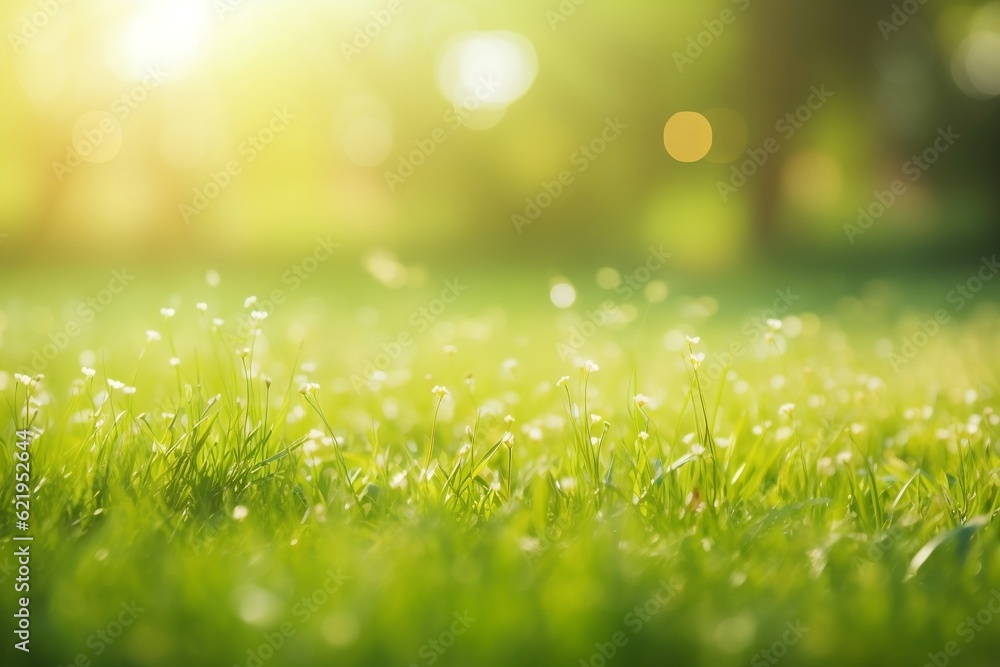 Fototapeta premium Radiant Spring Bright Grass Field with Sunlight Bokeh Background. Generative AI