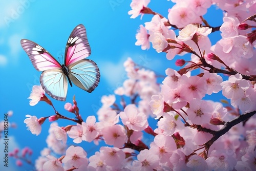 Sakura Blooms Blossoming Sakura and Bright Blue Morpho Butterfly. Generative AI © Flowstudio
