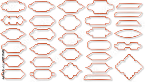 Set of copper pink gold outline Islamic ramadan kareem and eid mubarak windows and labels. vector elements