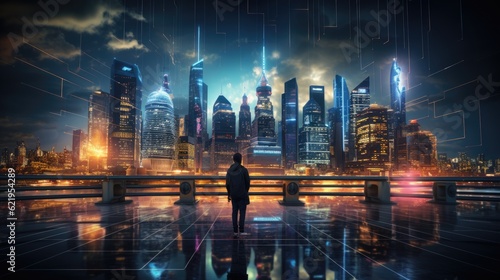futuristic cityscape. Skyscrapers of varying heights and colors represent different national economies - generative ai