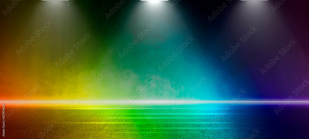 Lgptq rainbow background Stage shows, empty dark scene, laser beams, neon, spotlights reflecting on the asphalt floor, studio room with abstract smoke floating up, night view of the street, the city