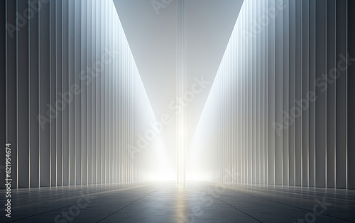 A white 3D space with a light shining above it.