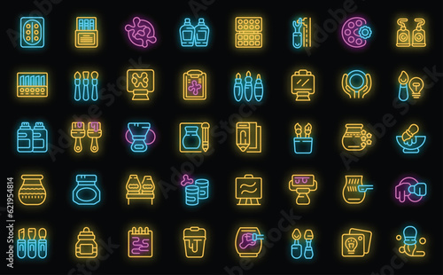 Art workshop icons set outline vector. School tools. Classroom baby neon color on black