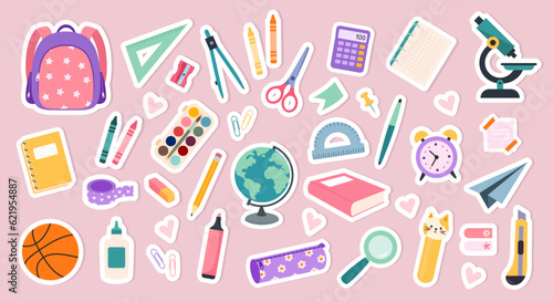 Set of study school supplies. Vector stickers of stationery.