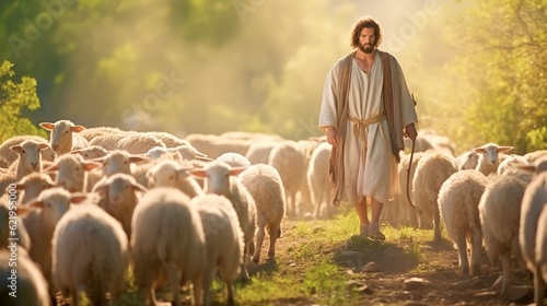 Shepherd Jesus Christ leading the sheep and praying to God and in the field bright sunlight