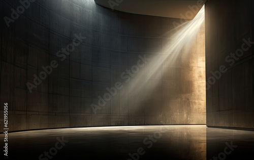 A light in a minimalist concrete dark room in the style of monumental scale.