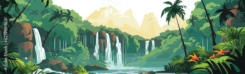 lush rainforest with waterfall vector simple 3d isolated illustration